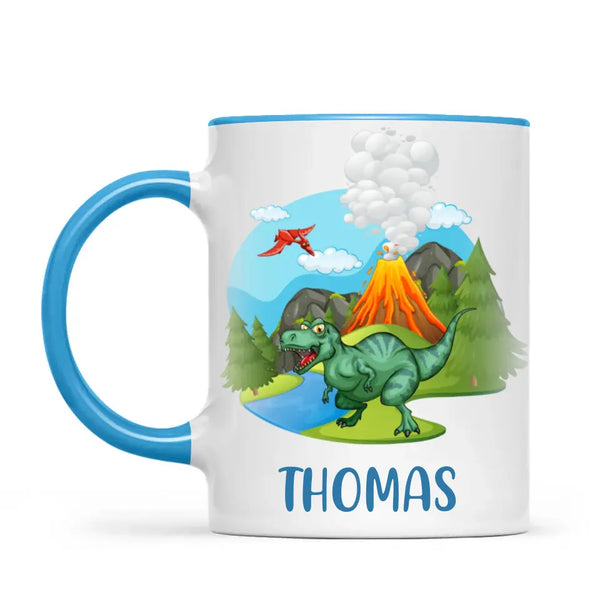 Personalised T-Rex Dinosaur Mug - Custom Name Kids Cup - Prehistoric Volcano Theme - Ceramic or Enamel - 11oz, 6oz, or Camping Mug - NZ Made