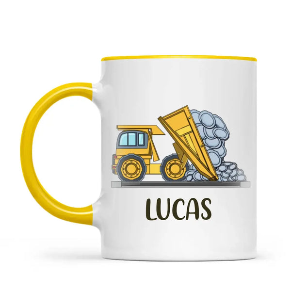 Personalised Dump Truck Mug - Custom Name Kids Cup - Construction Vehicle Theme - Ceramic or Enamel - 11oz, 6oz, or Camping Mug - NZ Made