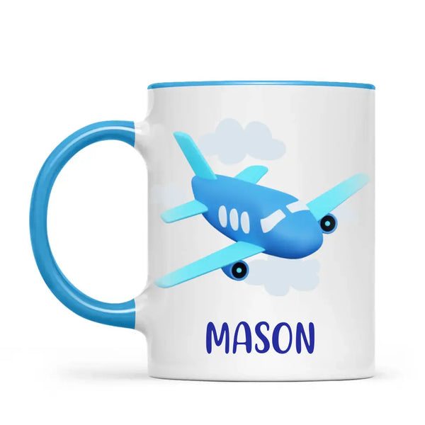 Personalised Aeroplane Mug - Custom Name Kids Cup - Blue Airplane Theme - Ceramic or Enamel - 11oz, 6oz, or Camping Mug - NZ Made