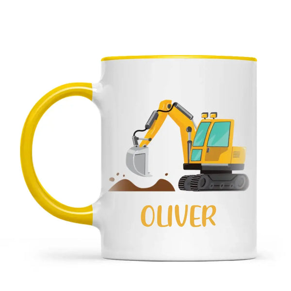 Personalised Digger Mug - Custom Name Kids Cup - Excavator Construction Theme - Ceramic or Enamel - 11oz, 6oz, or Camping Mug - NZ Made