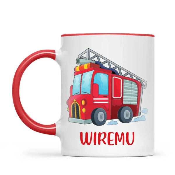 Personalised Fire Truck Mug - Custom Name Kids Cup - Fire Engine Theme - Ceramic or Enamel - 11oz, 6oz, or Camping Mug - NZ Made