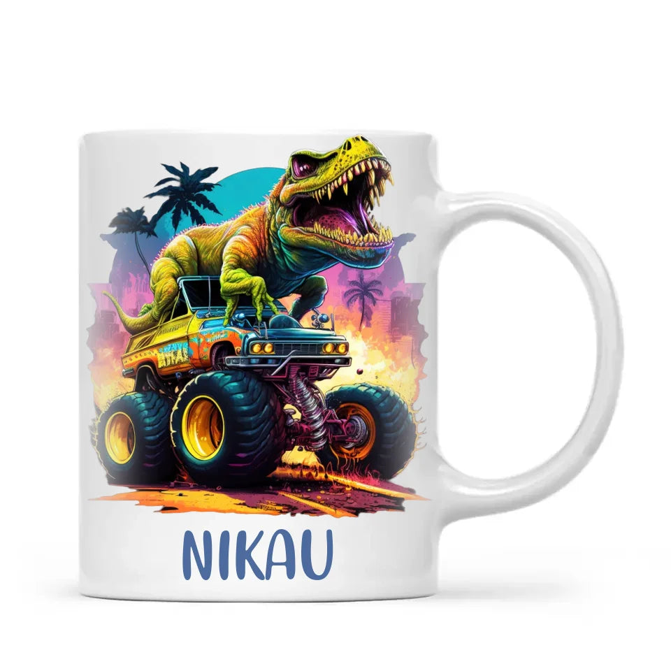 Personalised Dinosaur Monster Truck Kids Cup - Custom Name 11oz, 6oz & Enamel Cup - Fun Dino Gift for Boys & Girls - NZ Made