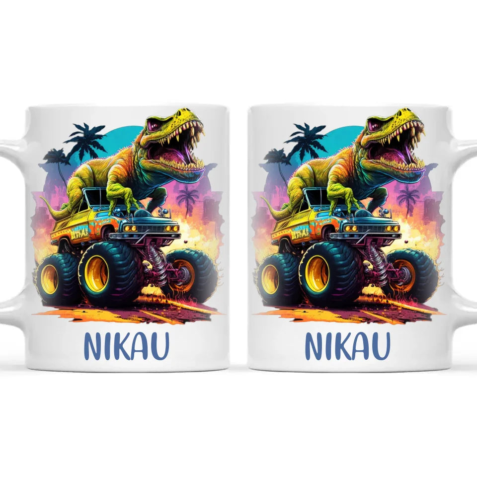 Personalised Dinosaur Monster Truck Kids Cup - Custom Name 11oz, 6oz & Enamel Cup - Fun Dino Gift for Boys & Girls - NZ Made