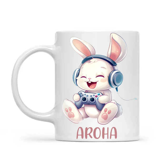 Personalised Gaming Bunny Kids Cup - Custom Name Cup for Boys and Girls - 11oz, 6oz or Enamel Cup - Cute Gamer Rabbit Gift - NZ Made