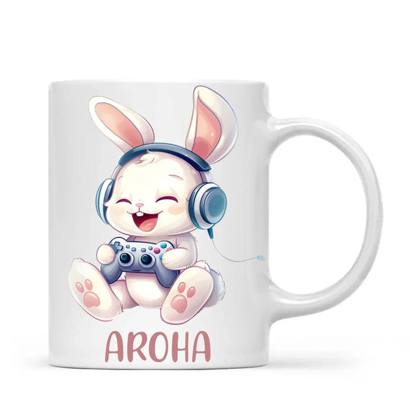 Personalised Gaming Bunny Kids Cup - Custom Name Cup for Boys and Girls - 11oz, 6oz or Enamel Cup - Cute Gamer Rabbit Gift - NZ Made