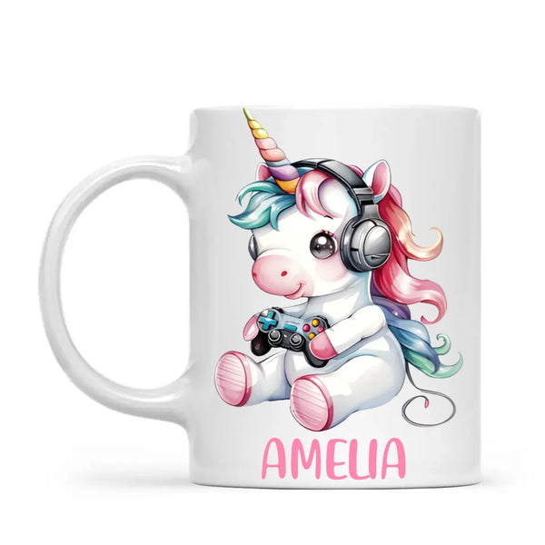 Personalised Gaming Unicorn Kids Cup - Custom Name Mug for Girls - 11oz, 6oz or Enamel Cup - Cute Gamer Unicorn Gift - NZ Made