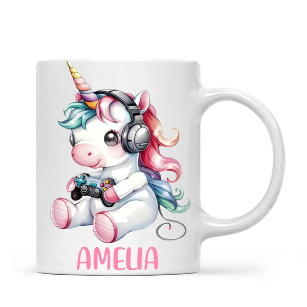 Personalised Gaming Unicorn Kids Cup - Custom Name Mug for Girls - 11oz, 6oz or Enamel Cup - Cute Gamer Unicorn Gift - NZ Made