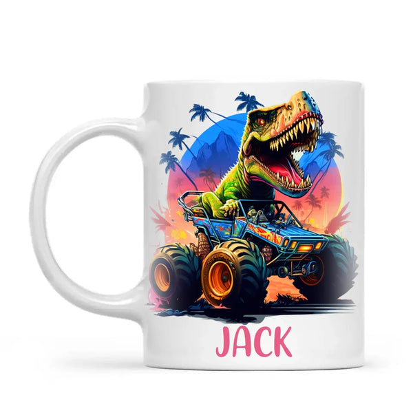 Personalised with Name, Dinosaur Monster Truck Kids Mug – Customised Dino Off-Road Cup for Children – Available in 11oz, 6oz & Enamel Options