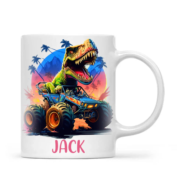 Personalised with Name, Dinosaur Monster Truck Kids Mug – Customised Dino Off-Road Cup for Children – Available in 11oz, 6oz & Enamel Options