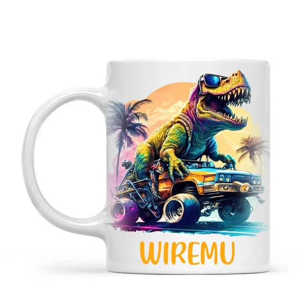 Personalised with Name, Cool Dinosaur Beach Cruiser Kids Mug – Customised T-Rex Car Adventure Cup for Children – Available in 11oz, 6oz & Enamel Options