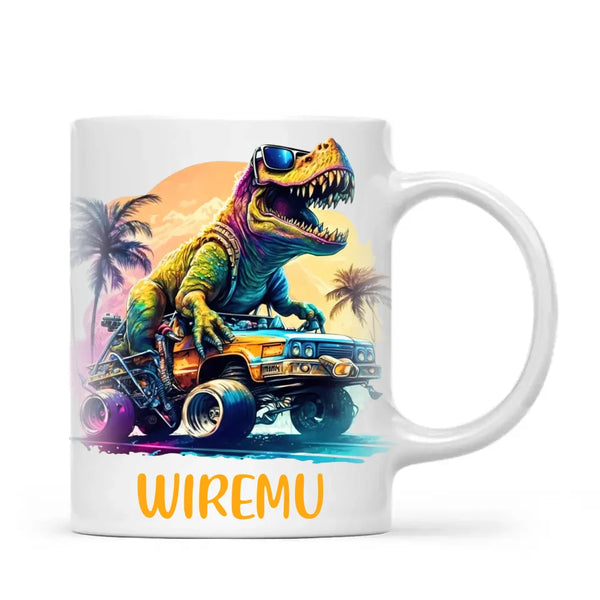 Personalised with Name, Cool Dinosaur Beach Cruiser Kids Mug – Customised T-Rex Car Adventure Cup for Children – Available in 11oz, 6oz & Enamel Options