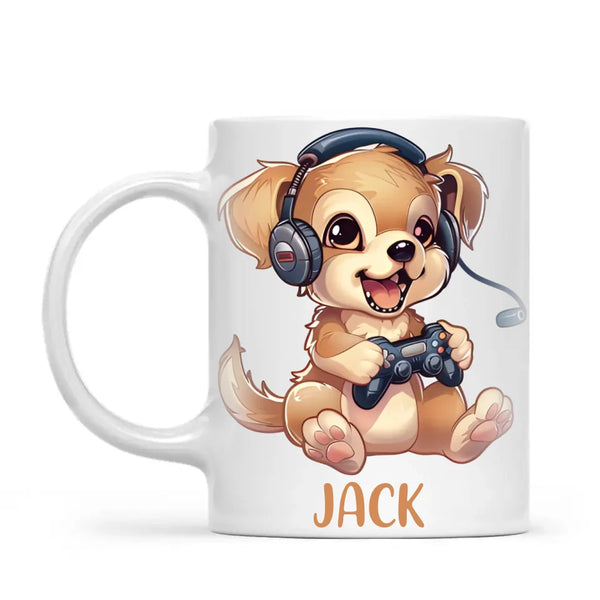 Personalised with Name, Gamer Puppy Kids Mug – Customised Cute Dog Gaming Cup for Children – Available in 11oz, 6oz & Enamel Options