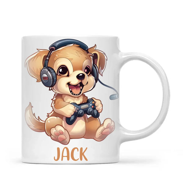 Personalised with Name, Gamer Puppy Kids Mug – Customised Cute Dog Gaming Cup for Children – Available in 11oz, 6oz & Enamel Options