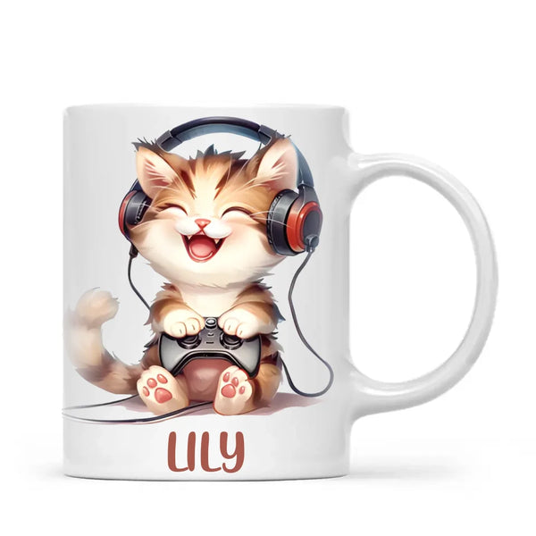 Personalised Gaming Cat Kids Cup - Custom Name Cup - 11oz, 6oz or Enamel - Cute Gamer Cat Gift - NZ Made