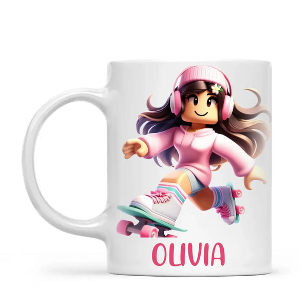 Personalised Skater Girl Kids Cup - Custom Name Gaming Mug - 11oz, 6oz or Enamel - Fun Roblox Inspired Design - NZ Made