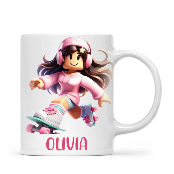 Personalised Skater Girl Kids Cup - Custom Name Gaming Mug - 11oz, 6oz or Enamel - Fun Roblox Inspired Design - NZ Made