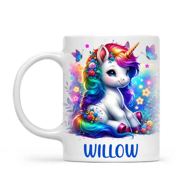 Personalised with Name, Floral Rainbow Unicorn Kids Mug – Customised Magical Unicorn Cup for Children – Available in 11oz, 6oz & Enamel Options