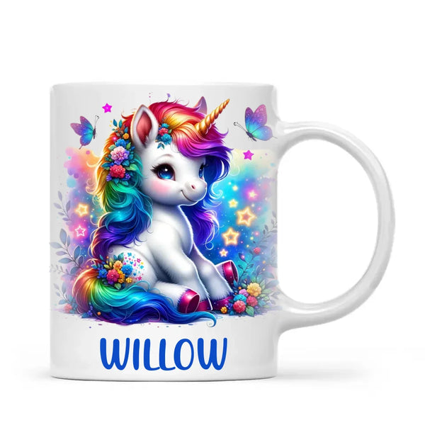 Personalised with Name, Floral Rainbow Unicorn Kids Mug – Customised Magical Unicorn Cup for Children – Available in 11oz, 6oz & Enamel Options