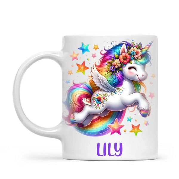 Personalised with Name, Rainbow Unicorn Kids Mug – Customised Magical Unicorn Cup for Children – Available in 11oz, 6oz & Enamel Options