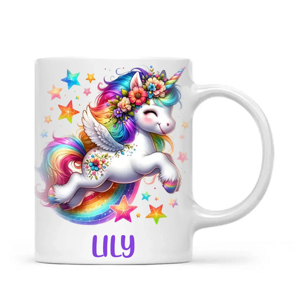 Personalised with Name, Rainbow Unicorn Kids Mug – Customised Magical Unicorn Cup for Children – Available in 11oz, 6oz & Enamel Options