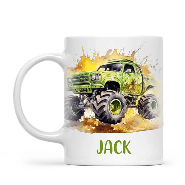 Personalised Monster Truck Cup - Custom Name Kids Mug - Mud Splash Off-Road Design - 11oz, 6oz or Enamel - NZ Made