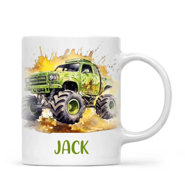 Personalised Monster Truck Cup - Custom Name Kids Mug - Mud Splash Off-Road Design - 11oz, 6oz or Enamel - NZ Made