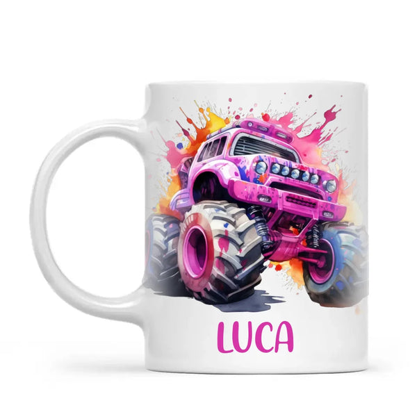 Personalised Monster Truck Cup - Custom Name Kids Mug - Pink Watercolour Monster Truck Design - 11oz, 6oz or Enamel - NZ Made