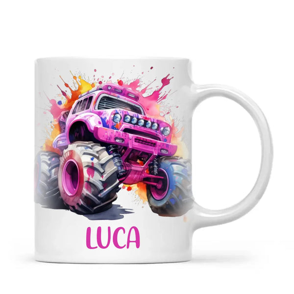 Personalised Monster Truck Cup - Custom Name Kids Mug - Pink Watercolour Monster Truck Design - 11oz, 6oz or Enamel - NZ Made