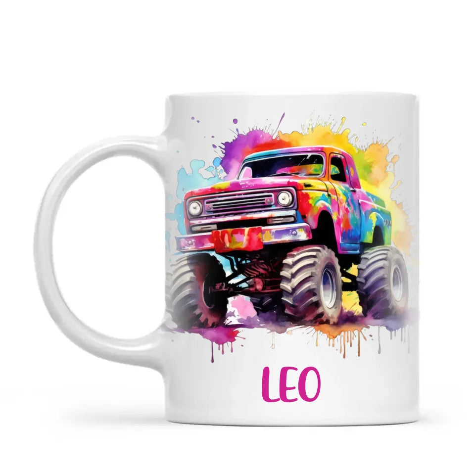 Rainbow Splatter Monster Truck - Personalised Kids Mug