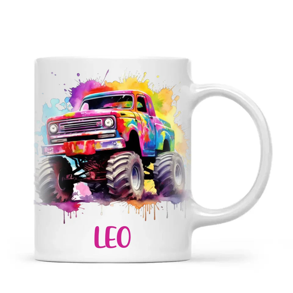 Rainbow Splatter Monster Truck - Personalised Kids Mug