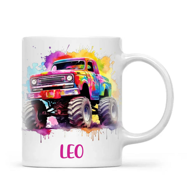 Personalised Colour Splash Monster Truck Cup - Custom Name Kids Mug - Vibrant Off-Road Design - 11oz, 6oz or Enamel - NZ Made