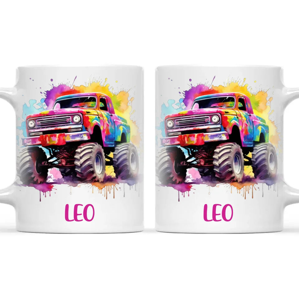 Rainbow Splatter Monster Truck - Personalised Kids Mug