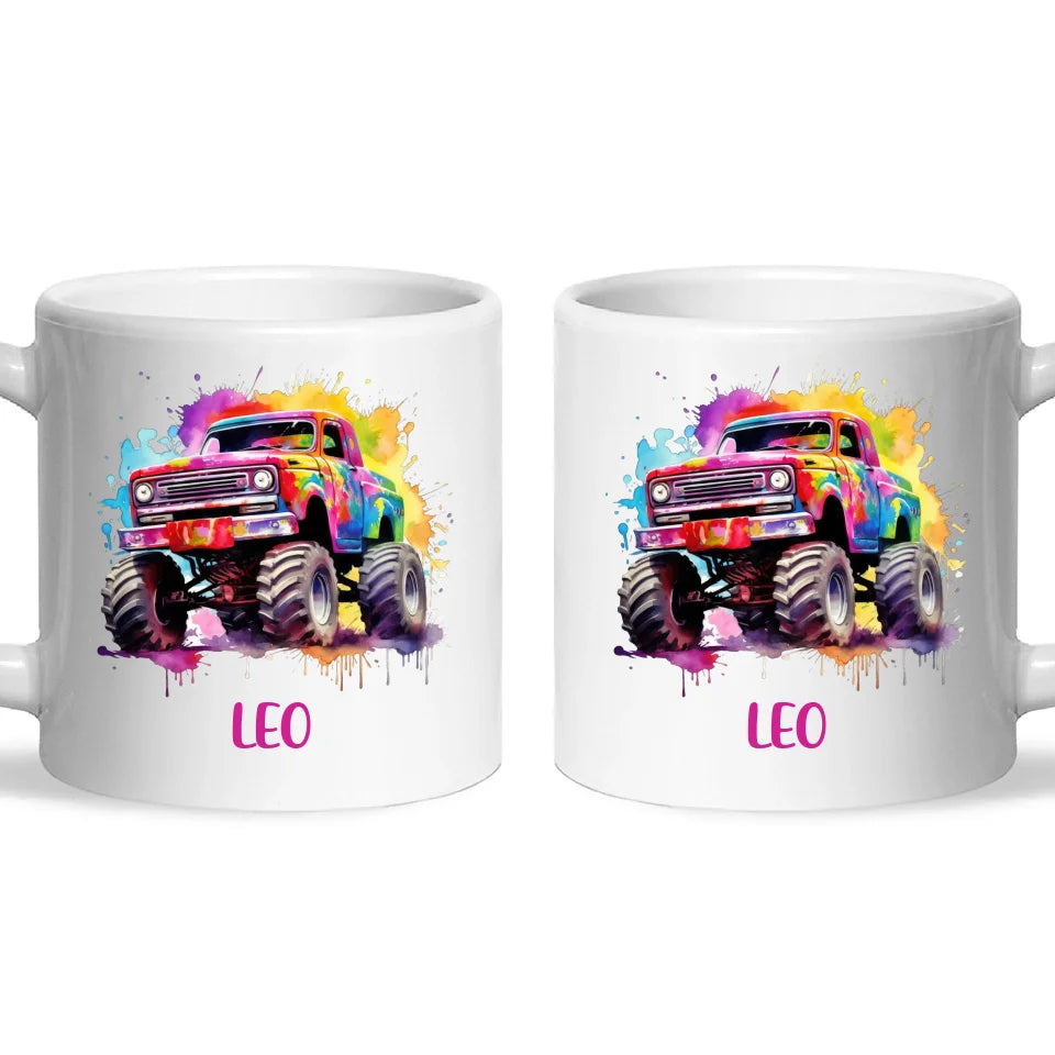 Rainbow Splatter Monster Truck - Personalised Kids Mug