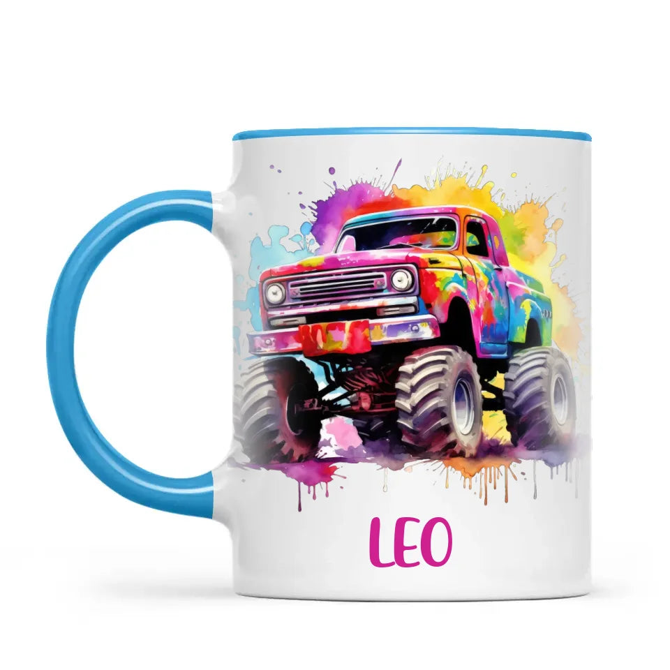 Rainbow Splatter Monster Truck - Personalised Kids Mug