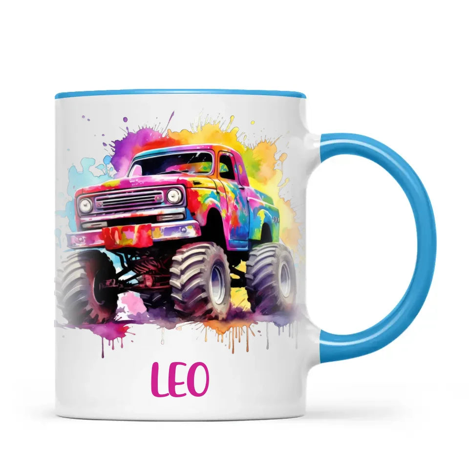 Rainbow Splatter Monster Truck - Personalised Kids Mug