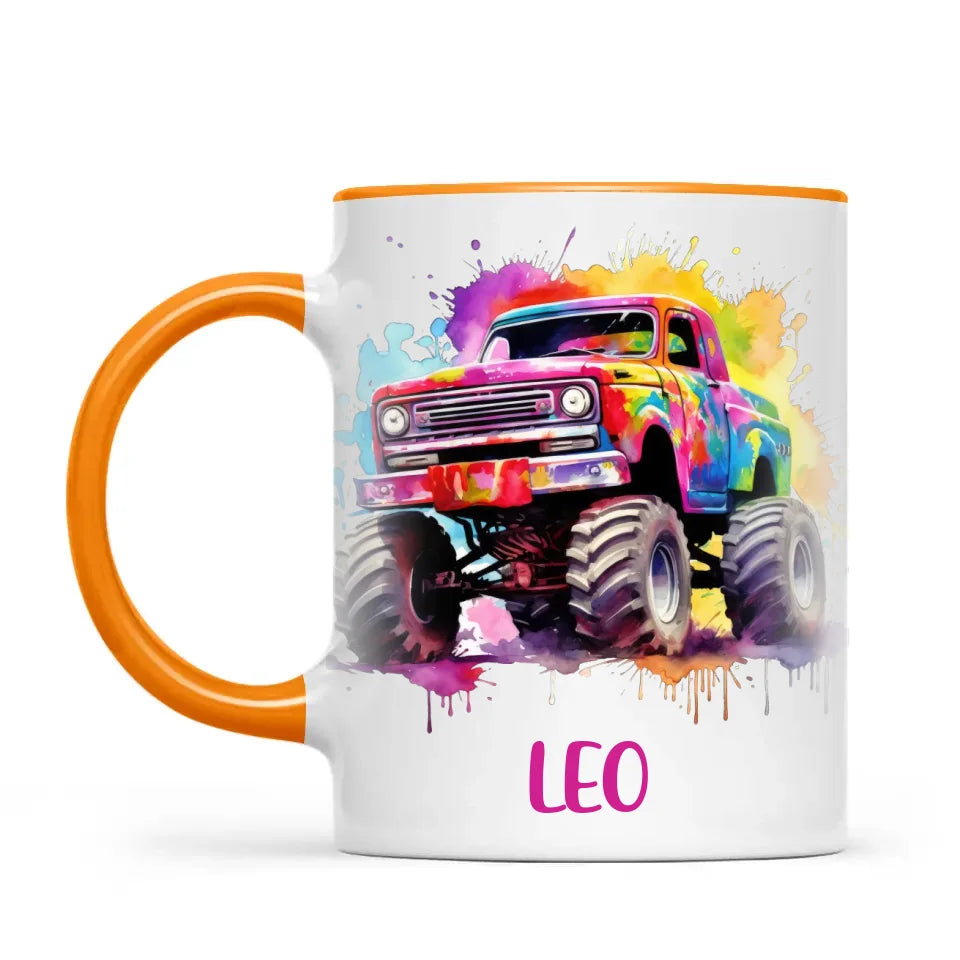 Rainbow Splatter Monster Truck - Personalised Kids Mug