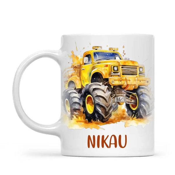 Personalised Yellow Monster Truck Cup - Custom Name Kids Mug - Big Wheel Adventure Design - 11oz, 6oz or Enamel - NZ Made