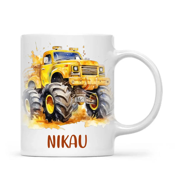 Personalised Yellow Monster Truck Cup - Custom Name Kids Mug - Big Wheel Adventure Design - 11oz, 6oz or Enamel - NZ Made