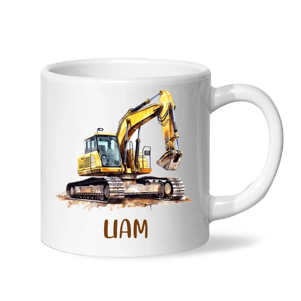 Personalised with Name, Digger Excavator Kids Mug – Customised Construction Vehicle Cup for Children – Available in 11oz, 6oz & Enamel Options