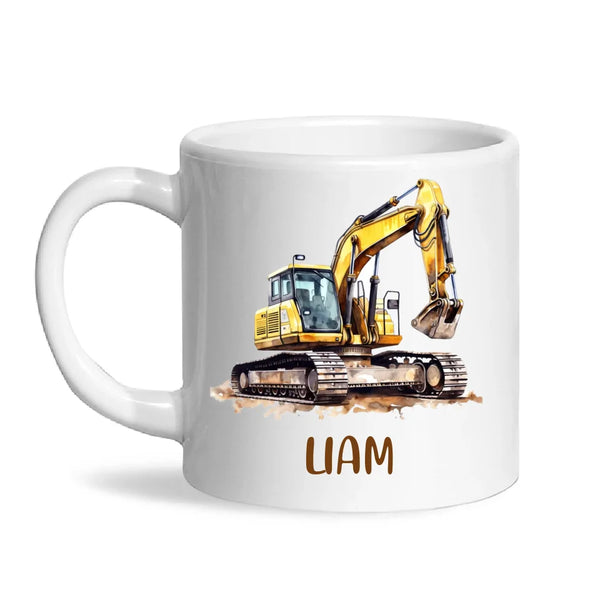 Personalised with Name, Digger Excavator Kids Mug – Customised Construction Vehicle Cup for Children – Available in 11oz, 6oz & Enamel Options