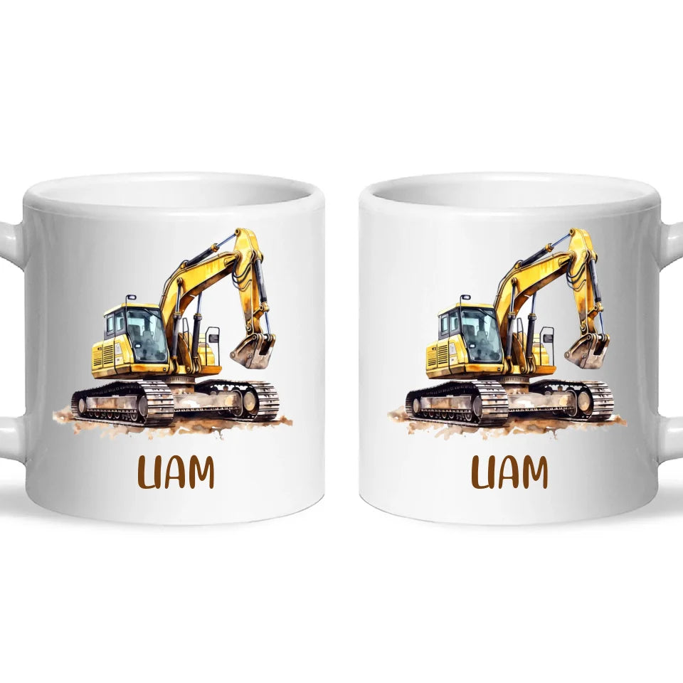 Personalised with Name, Digger Excavator Kids Mug – Customised Construction Vehicle Cup for Children – Available in 11oz, 6oz & Enamel Options