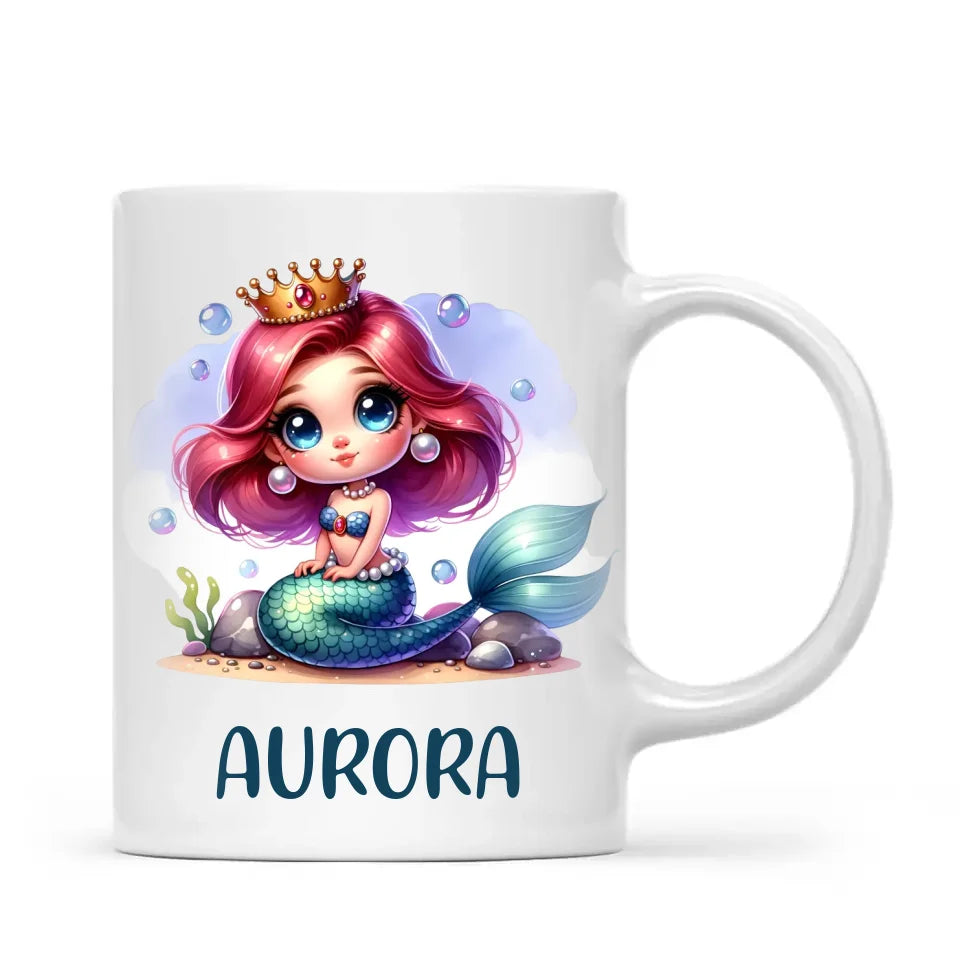 Personalised with Name, Mermaid Princess Kids Mug – Customised Under the Sea Cup for Children – Available in 11oz, 6oz & Enamel Options