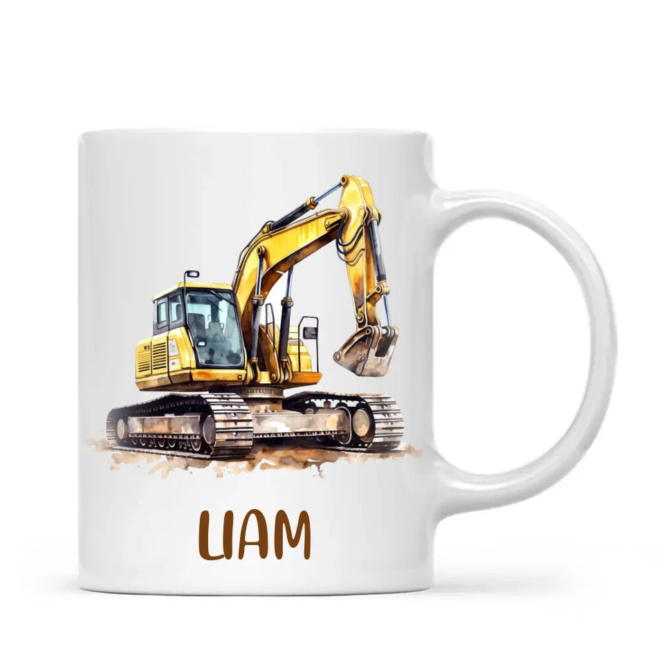 Personalised with Name, Digger Excavator Kids Mug – Customised Construction Vehicle Cup for Children – Available in 11oz, 6oz & Enamel Options