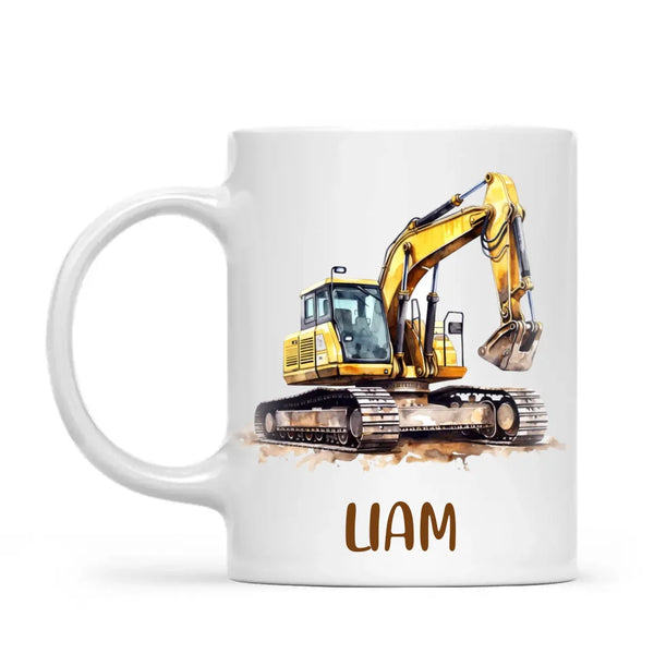 Personalised with Name, Digger Excavator Kids Mug – Customised Construction Vehicle Cup for Children – Available in 11oz, 6oz & Enamel Options