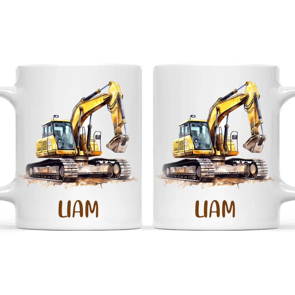 Personalised with Name, Digger Excavator Kids Mug – Customised Construction Vehicle Cup for Children – Available in 11oz, 6oz & Enamel Options