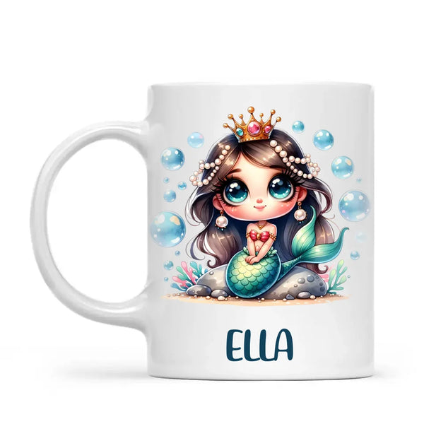 Personalised with Name, Dark-Haired Mermaid Princess Kids Mug – Custom Under-the-Sea Cup for Children – Available in 11oz, 6oz & Enamel