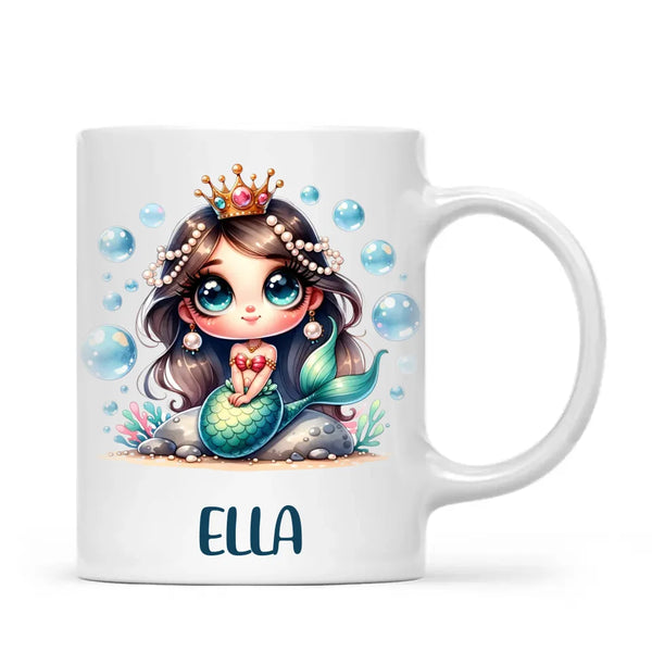 Personalised with Name, Dark-Haired Mermaid Princess Kids Mug – Custom Under-the-Sea Cup for Children – Available in 11oz, 6oz & Enamel