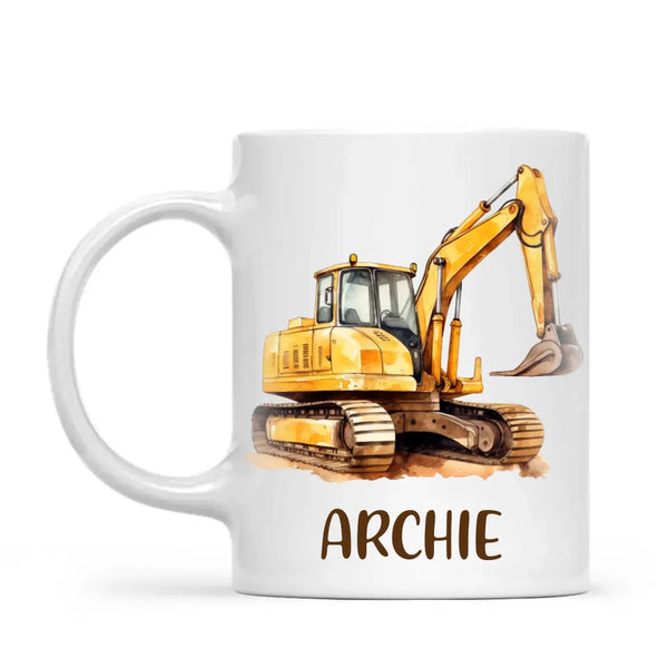 Personalised with Name, Digger Excavator Kids Mug – Custom Construction Vehicle Cup for Children – Available in 11oz, 6oz & Enamel