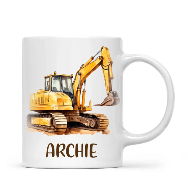 Personalised with Name, Digger Excavator Kids Mug – Custom Construction Vehicle Cup for Children – Available in 11oz, 6oz & Enamel