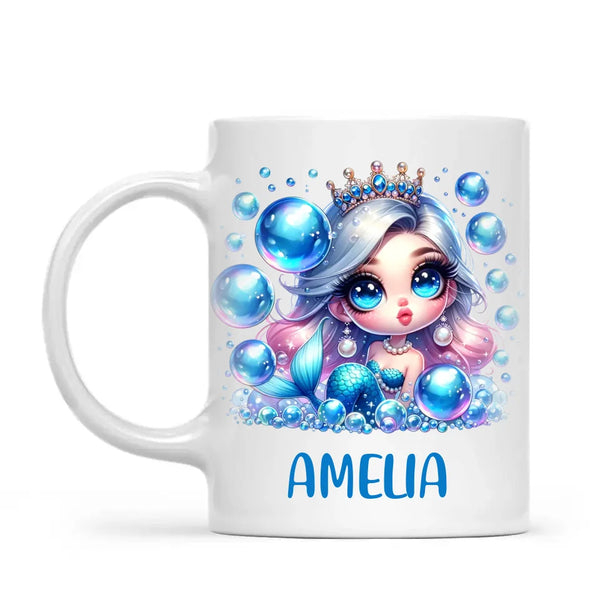 Personalised with Name, Blue Mermaid Princess Kids Mug – Custom Under the Sea Cup for Children – Available in 11oz, 6oz & Enamel